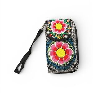 Floral Embroidered Wristlet Wallet - Black with Pink & Yellow Flowers